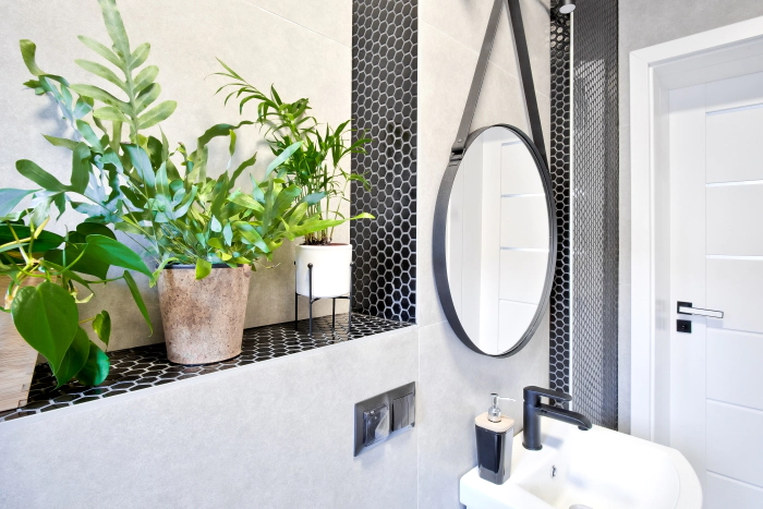 dark tiles small bathroom modern design red accessories masculine style