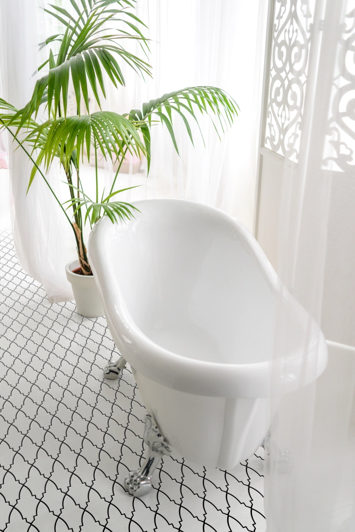 vertical arrangement of tiles large mirror in the bathroom brick and hexagon