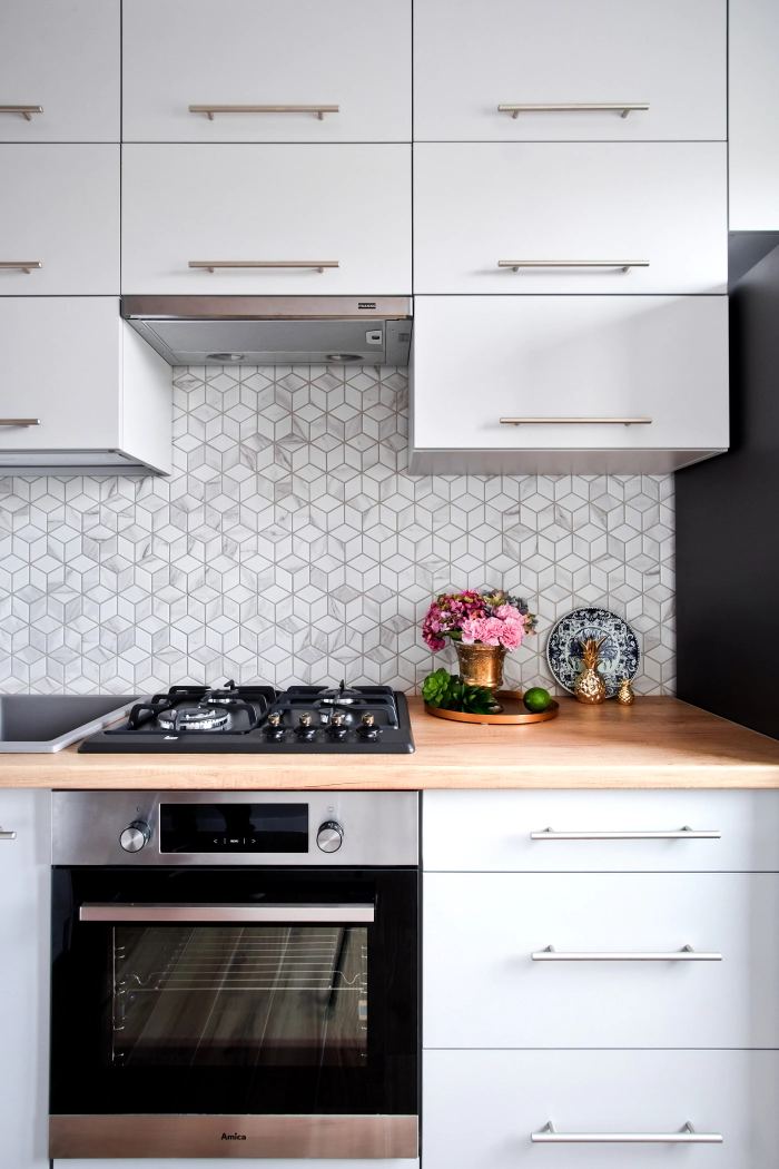 colorful mosaic bright kitchen hanging cabinets tiles on the wall